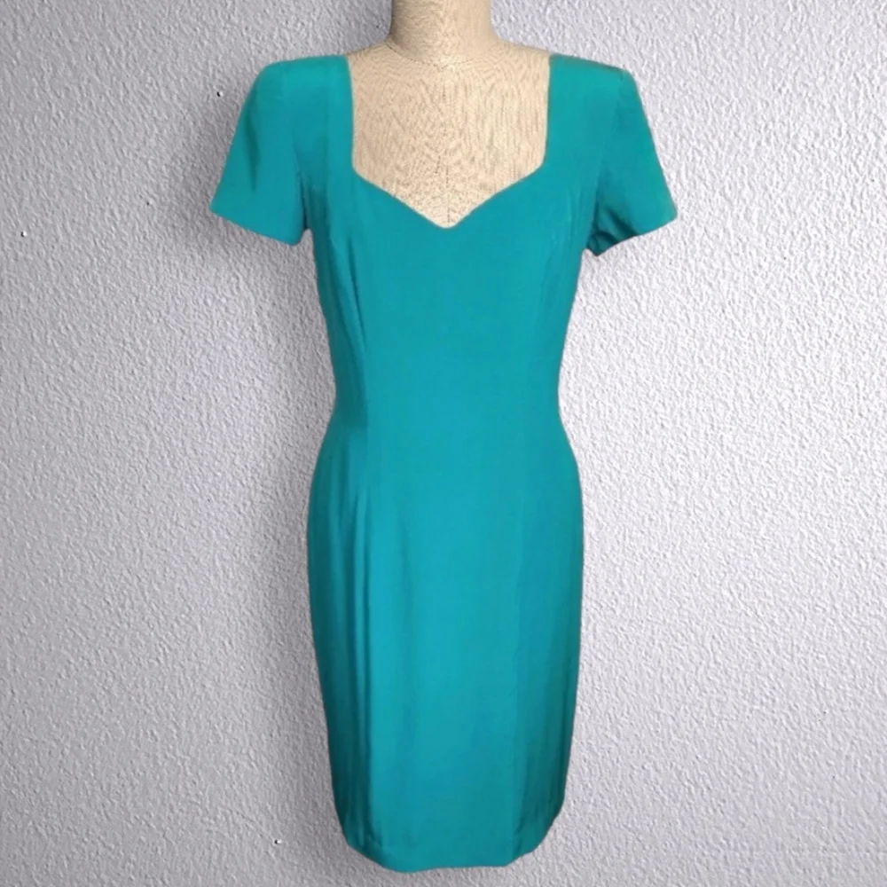 Vintage Liz Claiborne Teal Sweetheart Neckline Midi Dress - Picture 1 of 10